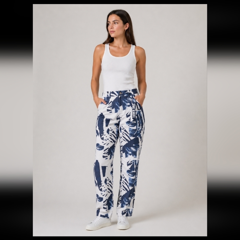 The KRIPT Blue and White Graphic FACE Print Pants Small